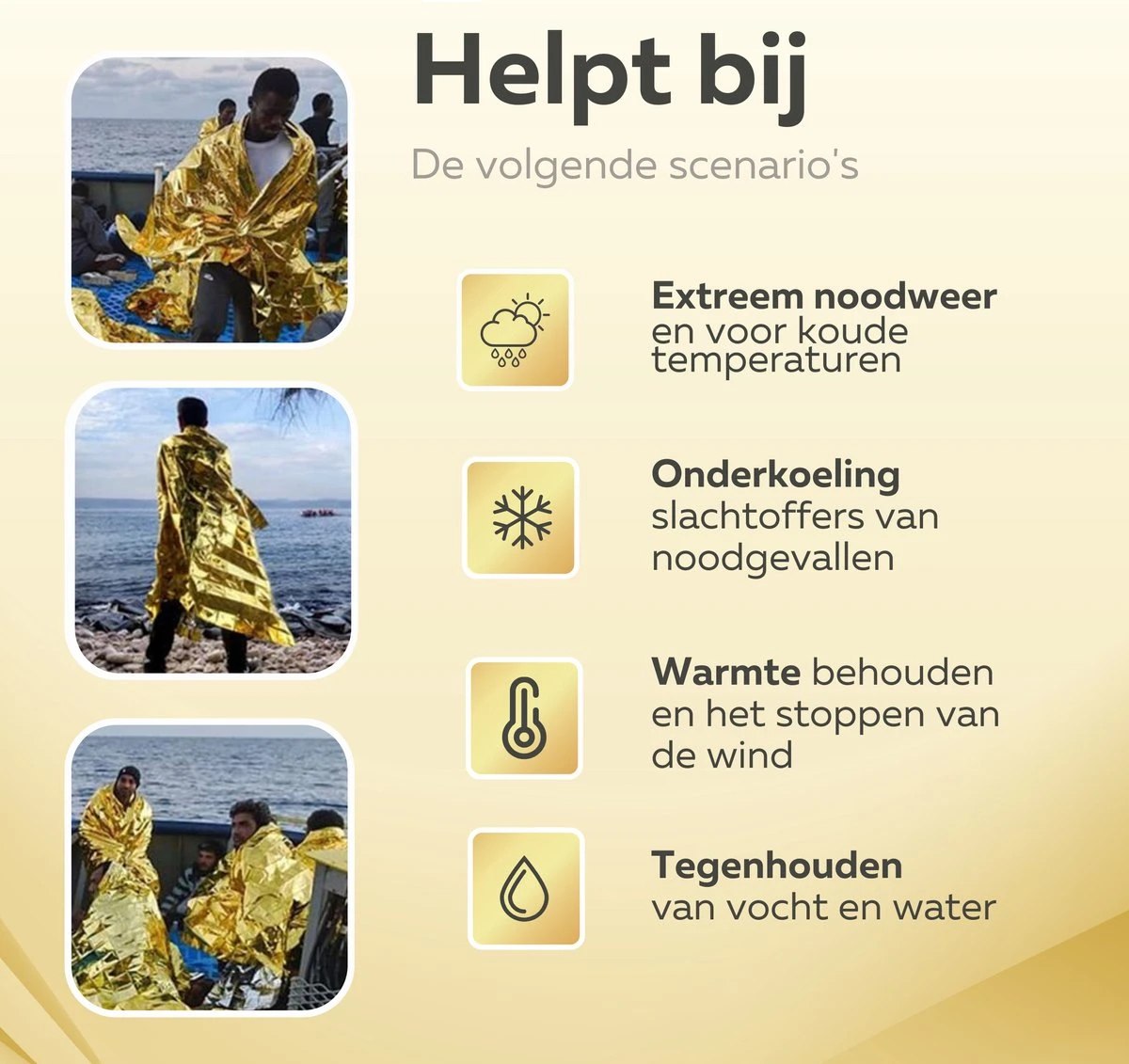 Nooddeken - Reddingsdeken - Isolatiedeken - Set Van 10 STUKS - 160 X 210 - PET - Aluminium - Goud / Zilver 2 Nooddeken - Reddingsdeken - Isolatiedeken - Set Van 10 STUKS - 160 X 210 - PET - Aluminium - Goud / Zilver - Afbeelding 2