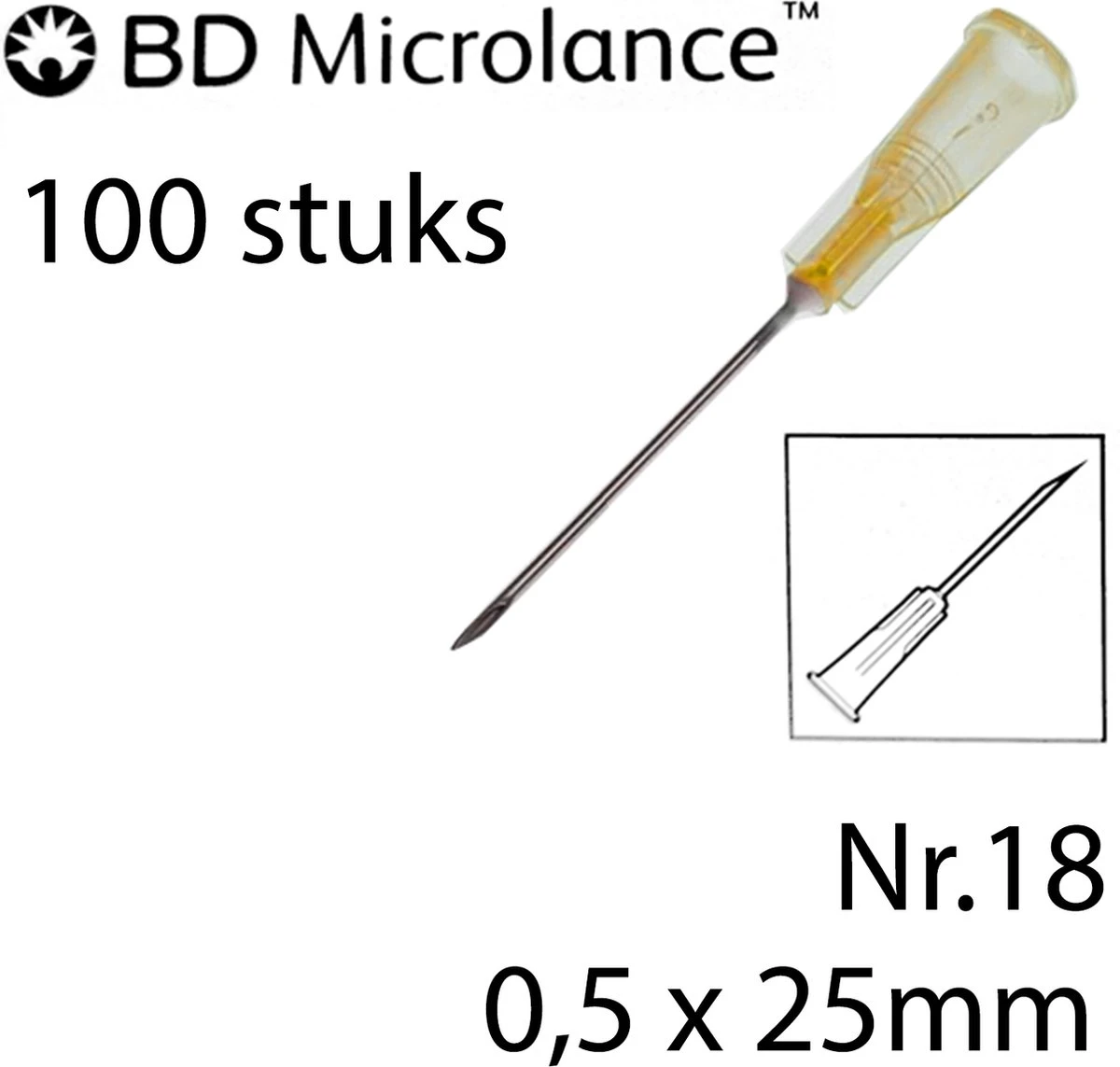 BD Microlance - Injectienaald - 0,5 X 25mm - 100 St. - Oranje - Nr.18 - 25G X 1" (Steriele Naalden) 1 BD Microlance - Injectienaald - 0,5 X 25mm - 100 St. - Oranje - Nr.18 - 25G X 1" (Steriele Naalden)