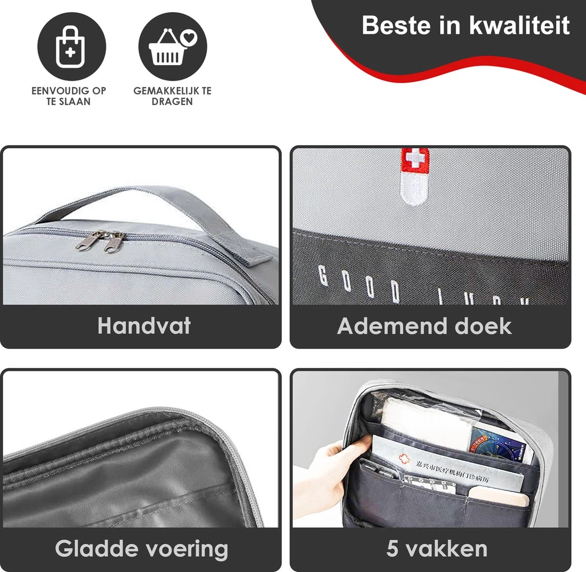 Good Luck EHBO-tas - EHBO-tas - Toilettas - Grijs - Waterdicht - Multifunctioneel - Draagbaar 4 Good Luck EHBO-tas - EHBO-tas - Toilettas - Grijs - Waterdicht - Multifunctioneel - Draagbaar - Afbeelding 4