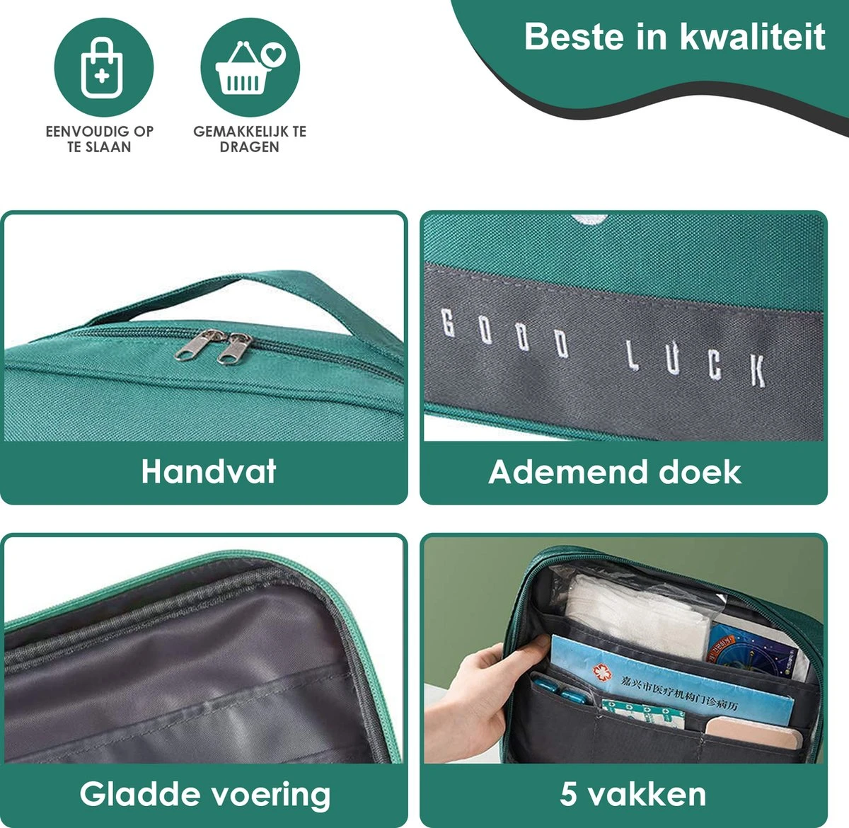 Good Luck EHBO-tas - EHBO-tas - Toilettas - Groen - Waterdicht - Multifunctioneel - Draagbaar 2 Good Luck EHBO-tas - EHBO-tas - Toilettas - Groen - Waterdicht - Multifunctioneel - Draagbaar - Afbeelding 2