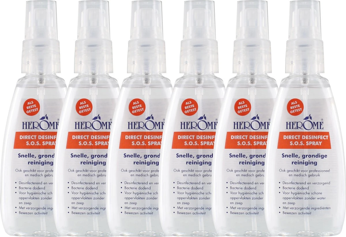 Herome 6-Pack Direct Desinfect Desinfectiespray - Desinfecterende Spray Met 80% Alcohol - Om Oppervlakten Te Desinfecteren - 6*75ml. 1 Herome 6-Pack Direct Desinfect Desinfectiespray - Desinfecterende Spray Met 80% Alcohol - Om Oppervlakten Te Desinfecteren - 6*75ml.
