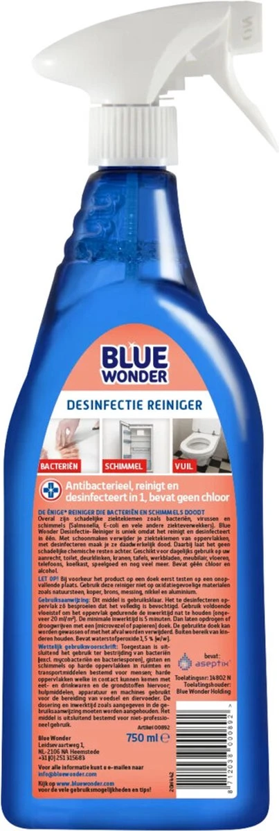 Blue Wonder Desinfectie-reiniger Spray Voordeelverpakking - 6 X 750 Ml Flessen 2 Blue Wonder Desinfectie-reiniger Spray Voordeelverpakking - 6 X 750 Ml Flessen - Afbeelding 2