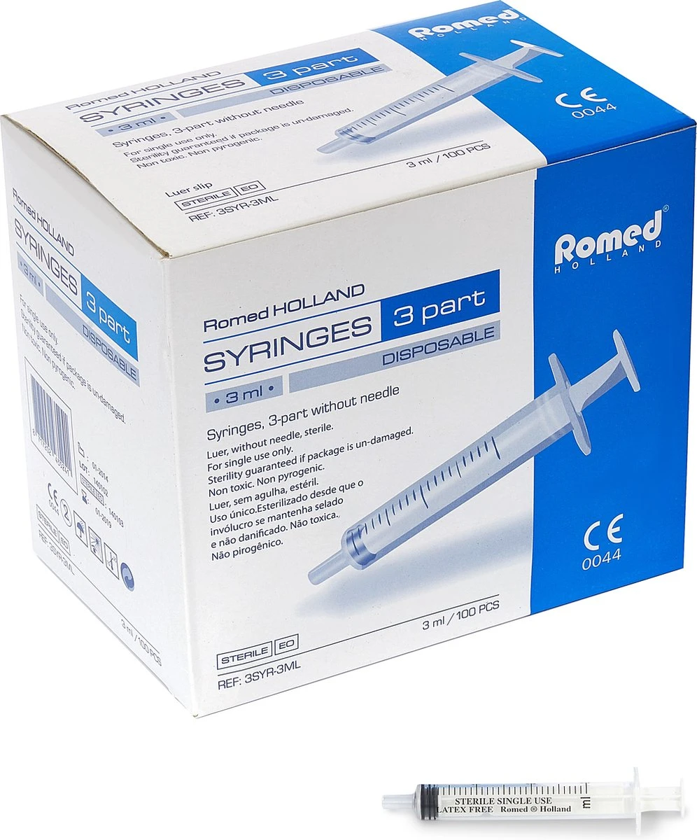 Romed 3-delige Spuiten, 5ml - Injectiespuit - 3SYR-5ML - 5ml Spuit - 100 Stuks 1 Romed 3-delige Spuiten, 5ml - Injectiespuit - 3SYR-5ML - 5ml Spuit - 100 Stuks